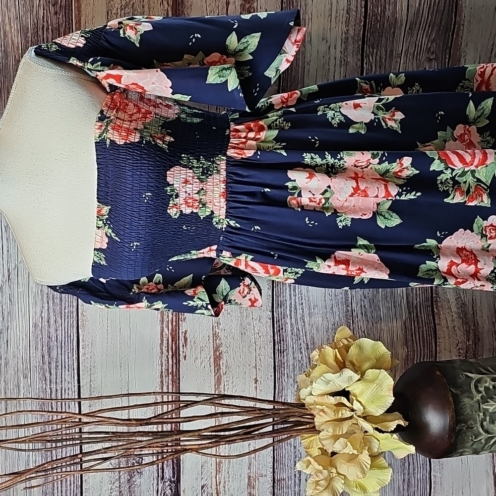 NAVY BLUE FLORAL OFF SHOULDER BELL SLEEVE DRESS